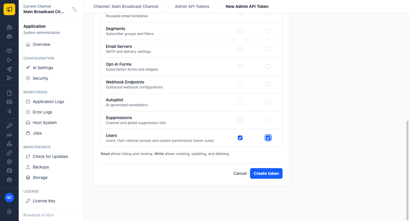 The new admin API token form with the Users permission row ticked for both read and write