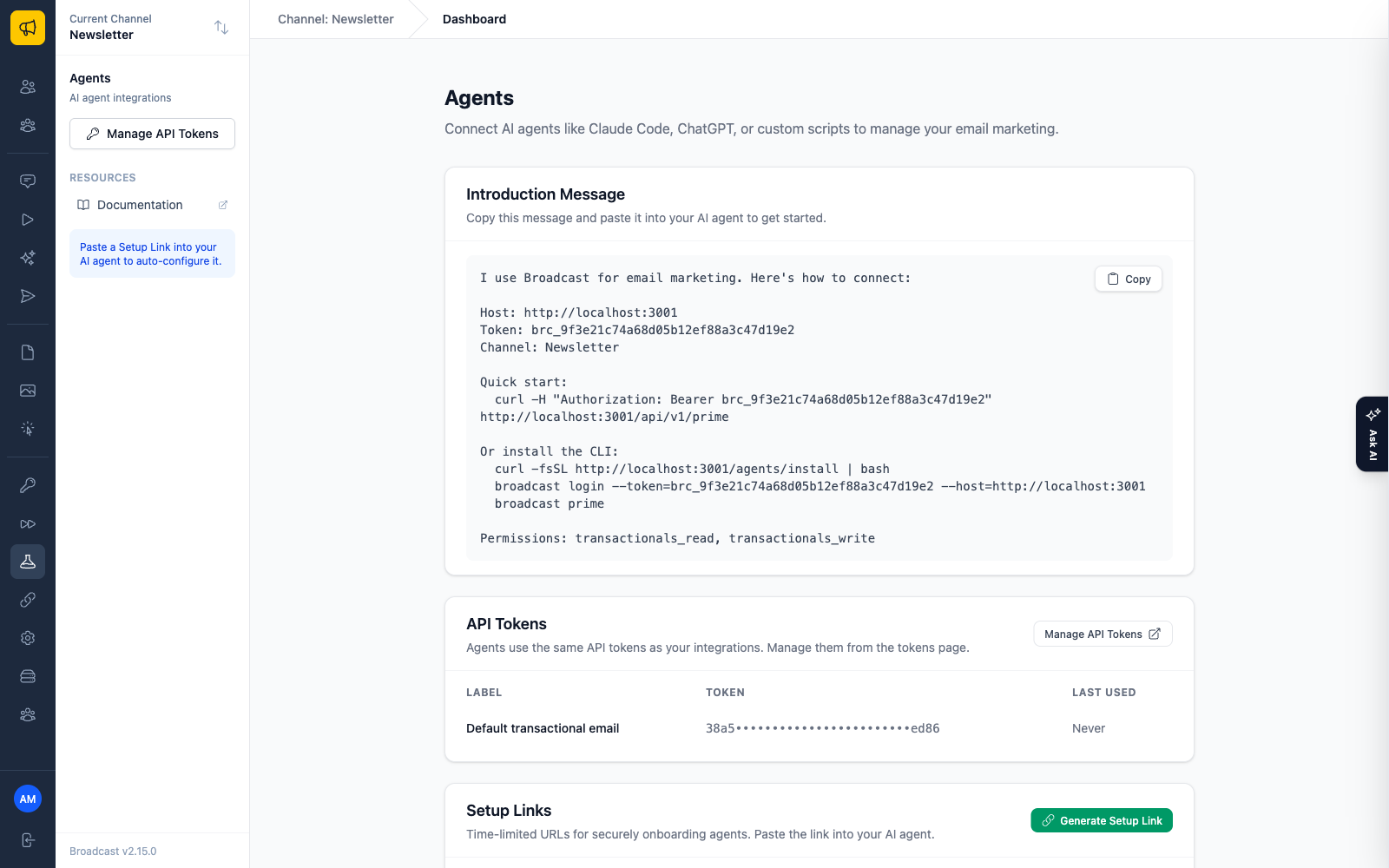 The Agents dashboard with a copyable introduction message for AI agents, redacted API tokens, and a setup link generator