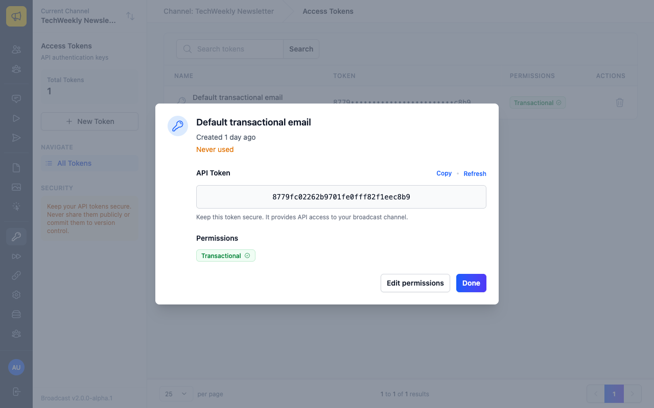 An API access token detail dialog showing the token value, when it was created, and its Transactional permission