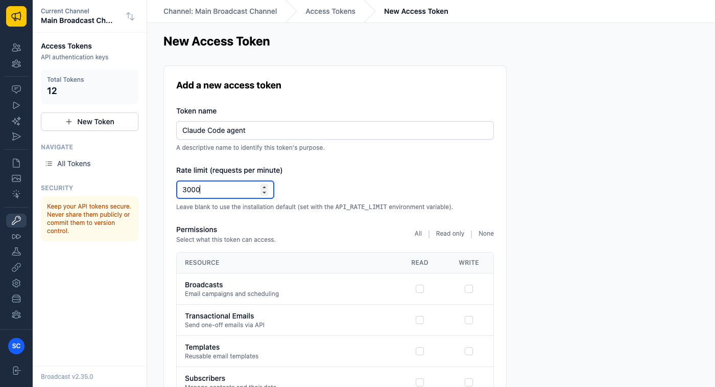 The new access token form with a Rate limit (requests per minute) field set to 3000 under the token name