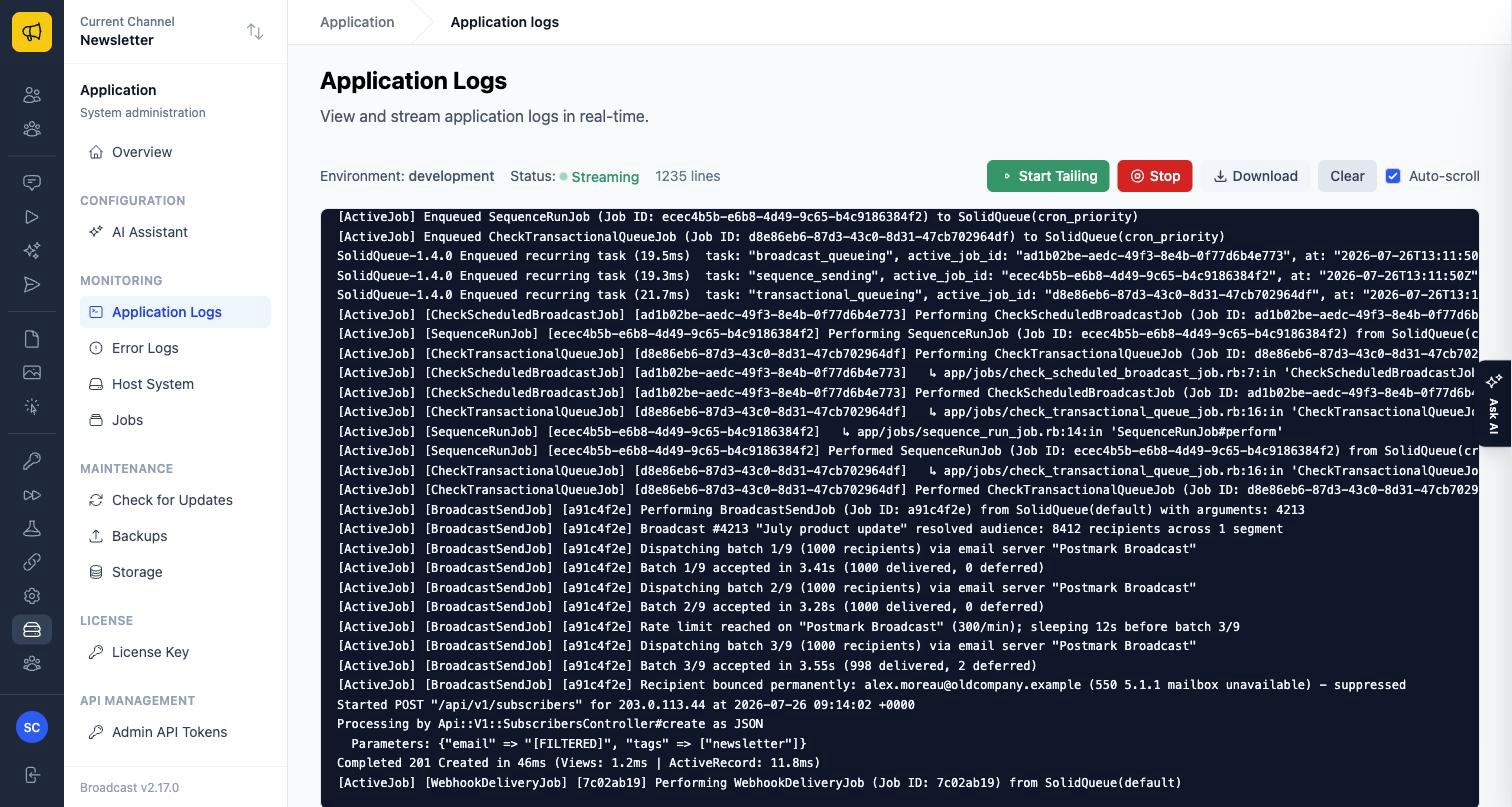 The Application Logs page streaming recent log output, with a download action