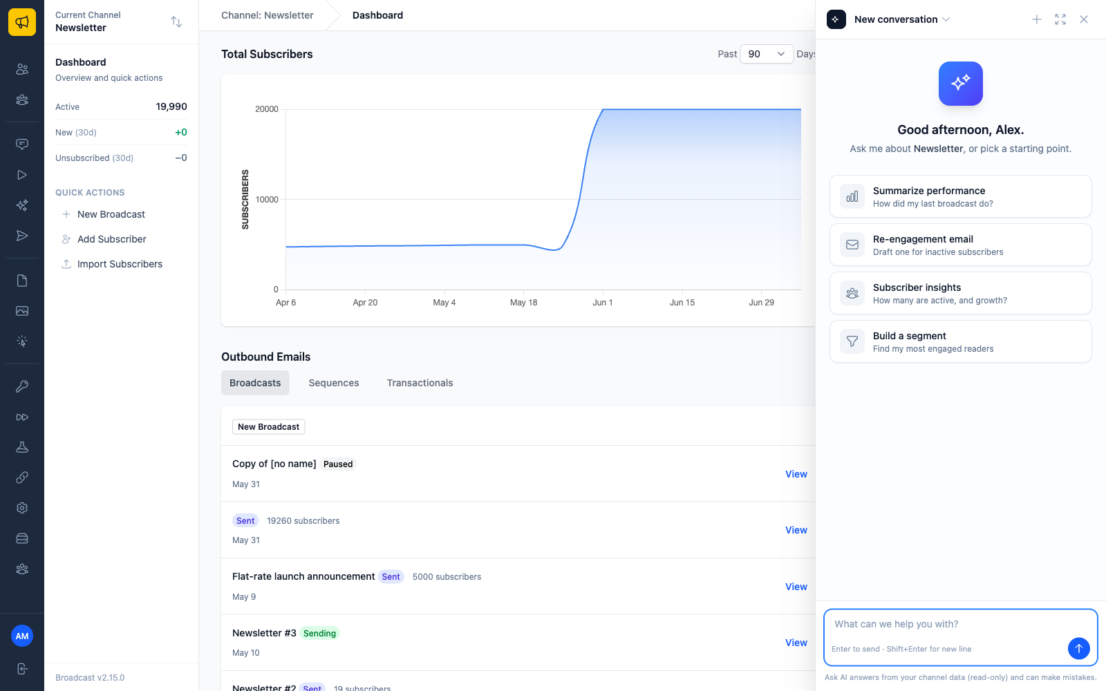 The Ask AI drawer open over the Broadcast dashboard, showing prompt suggestions like Summarize performance and Build a segment