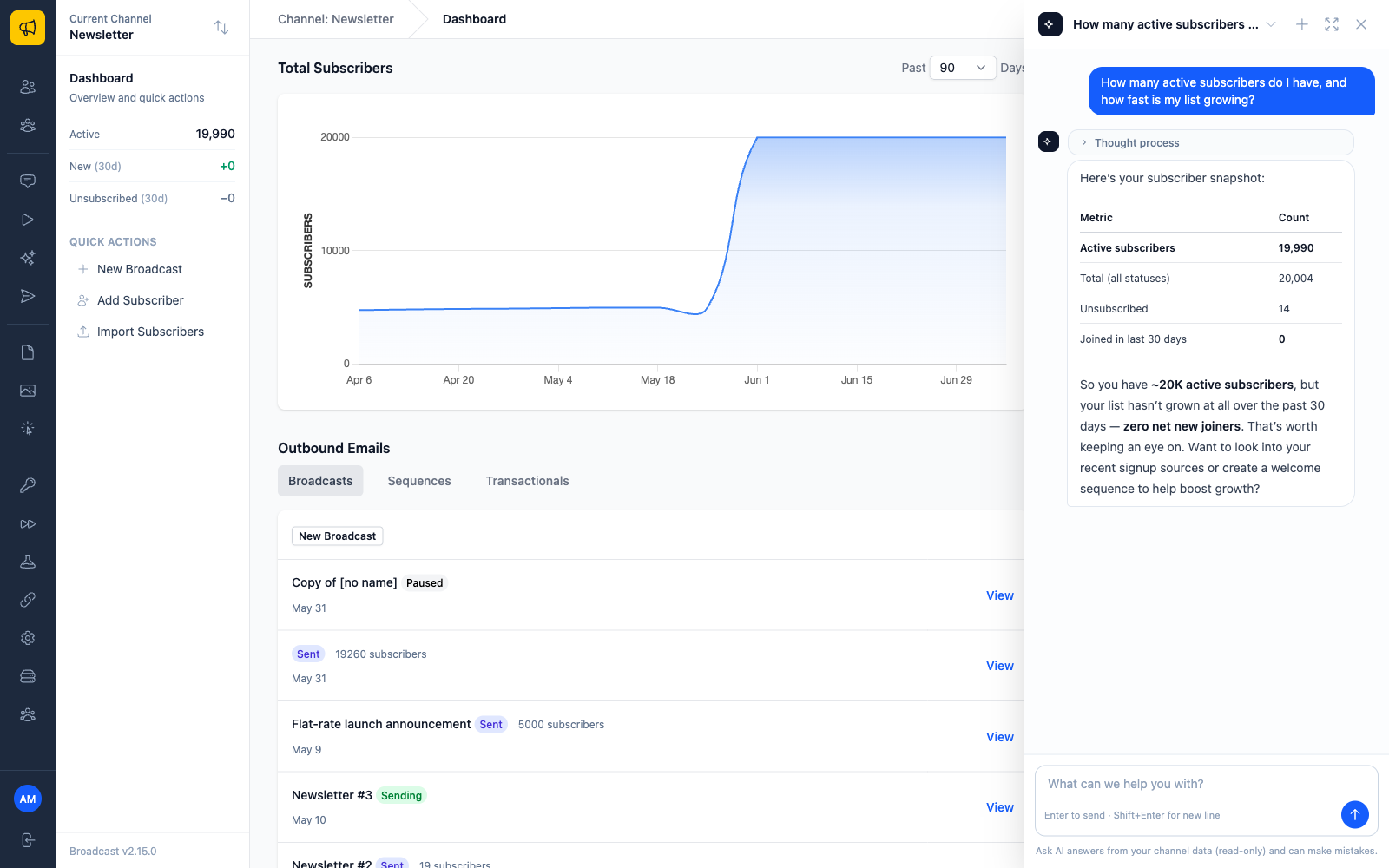 Ask AI answering a question about subscriber growth with a collapsed thought process and a formatted table of subscriber counts