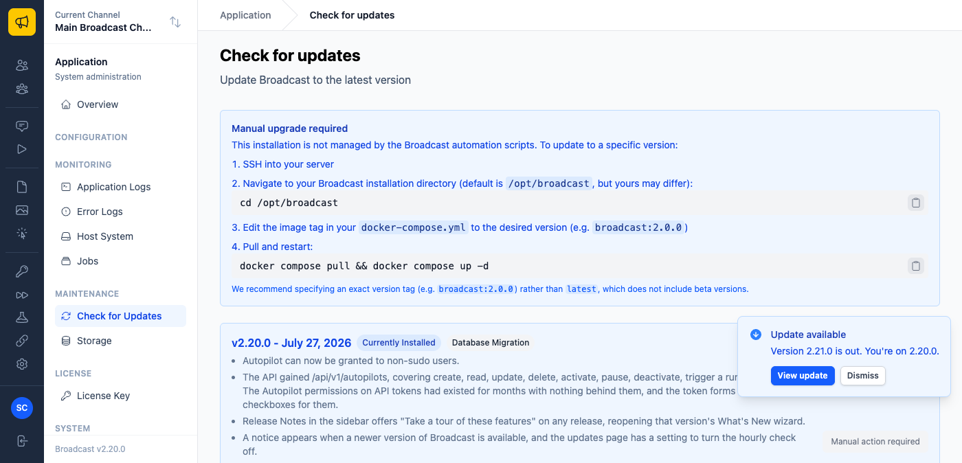The updates page showing an "Automatically check for updates" checkbox with explanatory text and a Save button