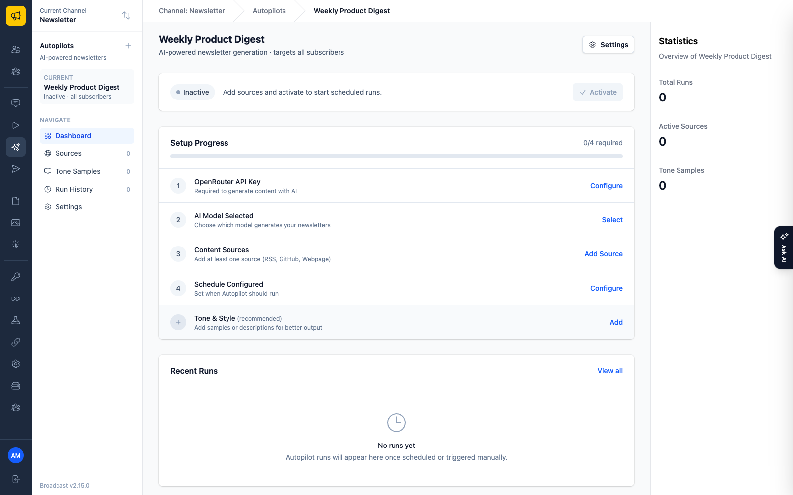 An Autopilot dashboard with a setup checklist covering the OpenRouter API key, model selection, content sources, schedule, and tone samples