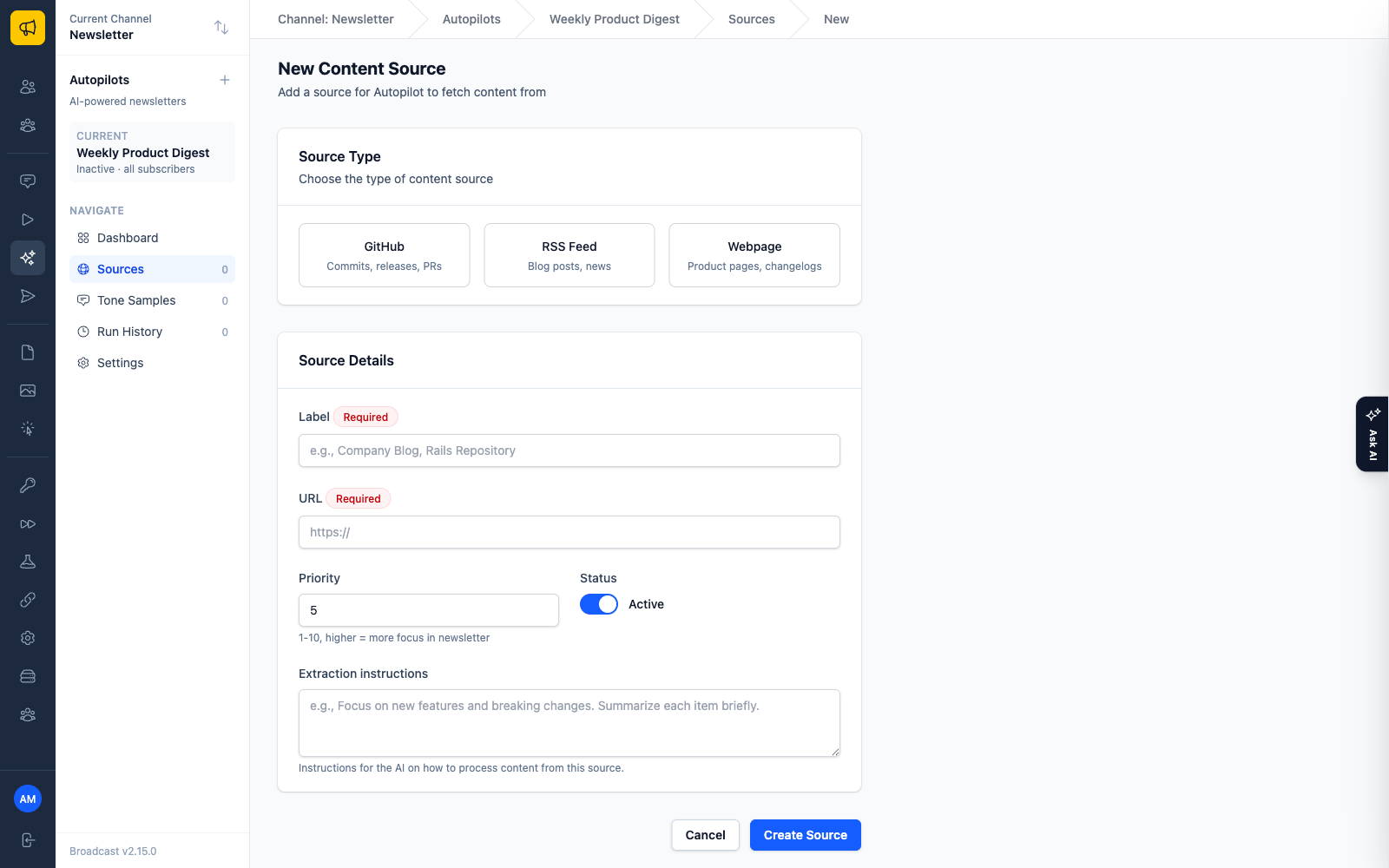 The new content source form with GitHub, RSS Feed, and Webpage source types, a priority setting, and extraction instructions