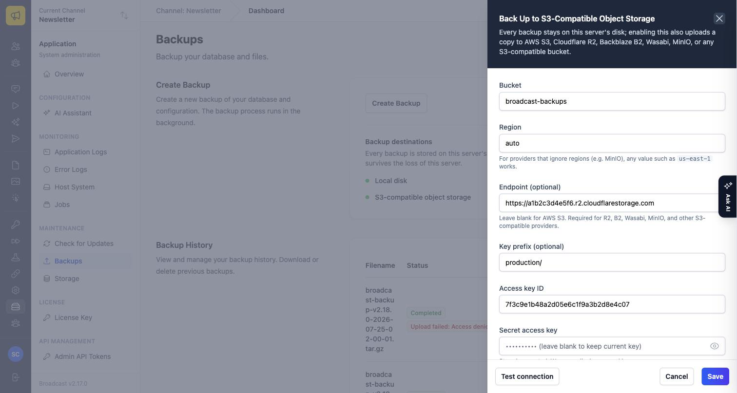 The Back Up to S3-Compatible Object Storage panel with fields for bucket, region, endpoint, key prefix, access key ID and secret access key, and a Test connection button