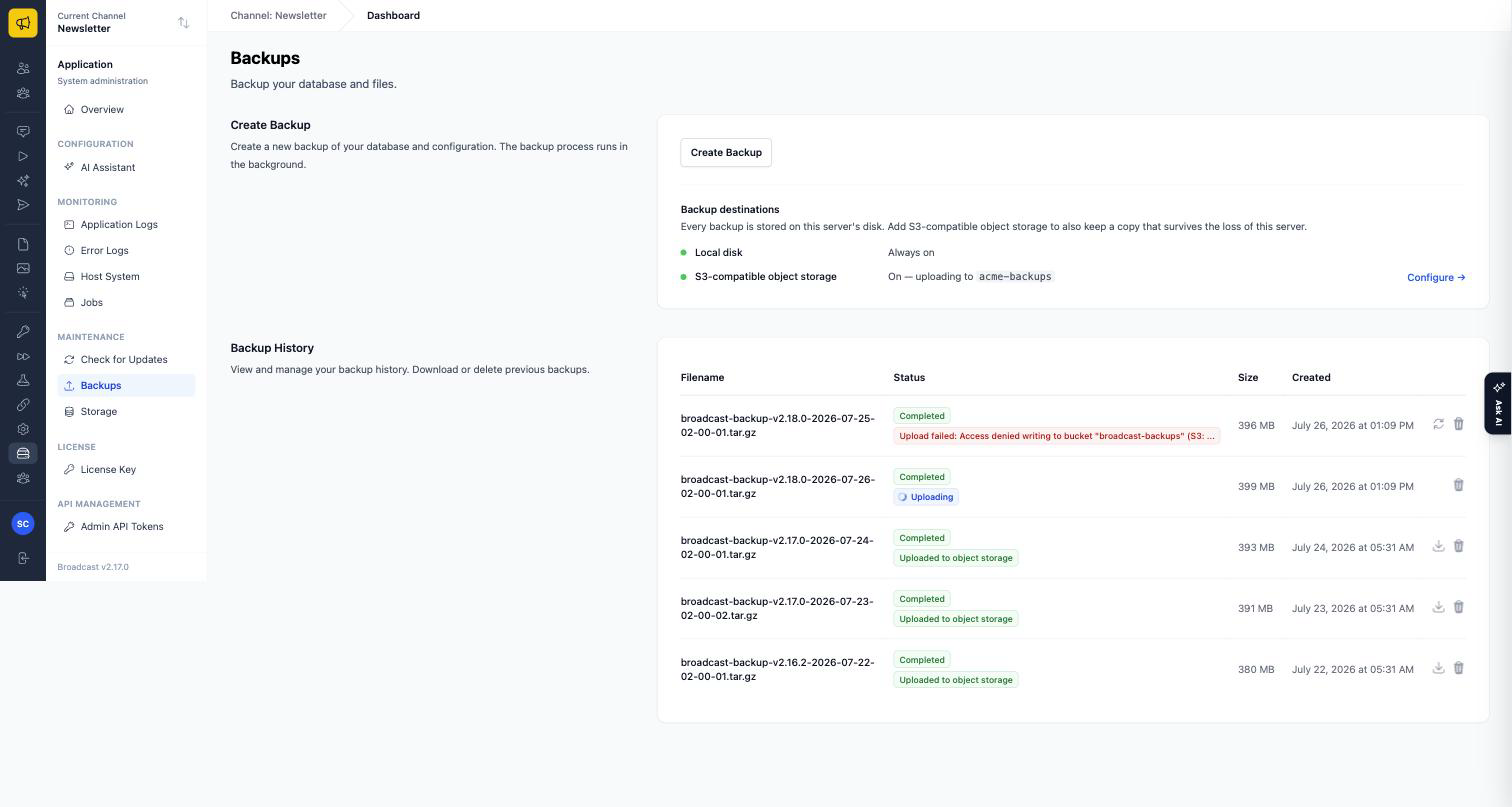 The Backups page showing local disk and S3-compatible object storage as destinations, and a backup history where rows show Uploaded to object storage, Uploading, or an upload failure with the reason
