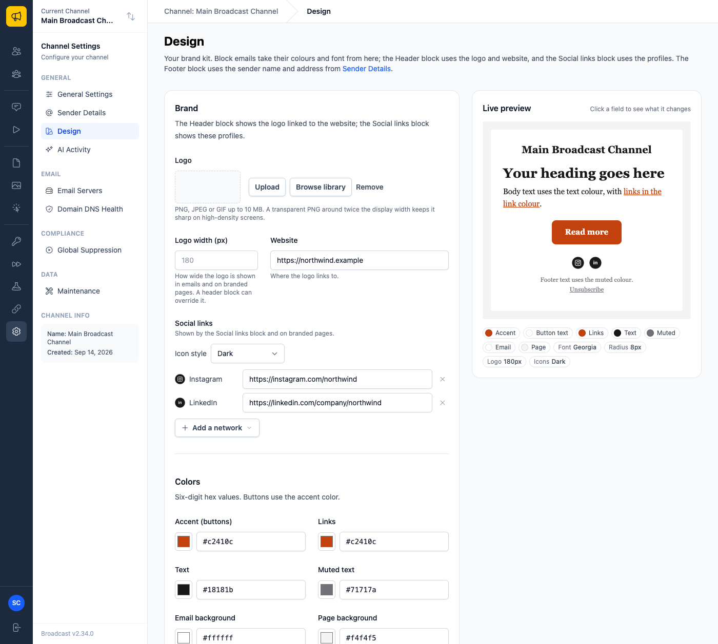 The Design settings page with website and social links filled in, a warm orange accent colour, and a live preview of an email using that brand