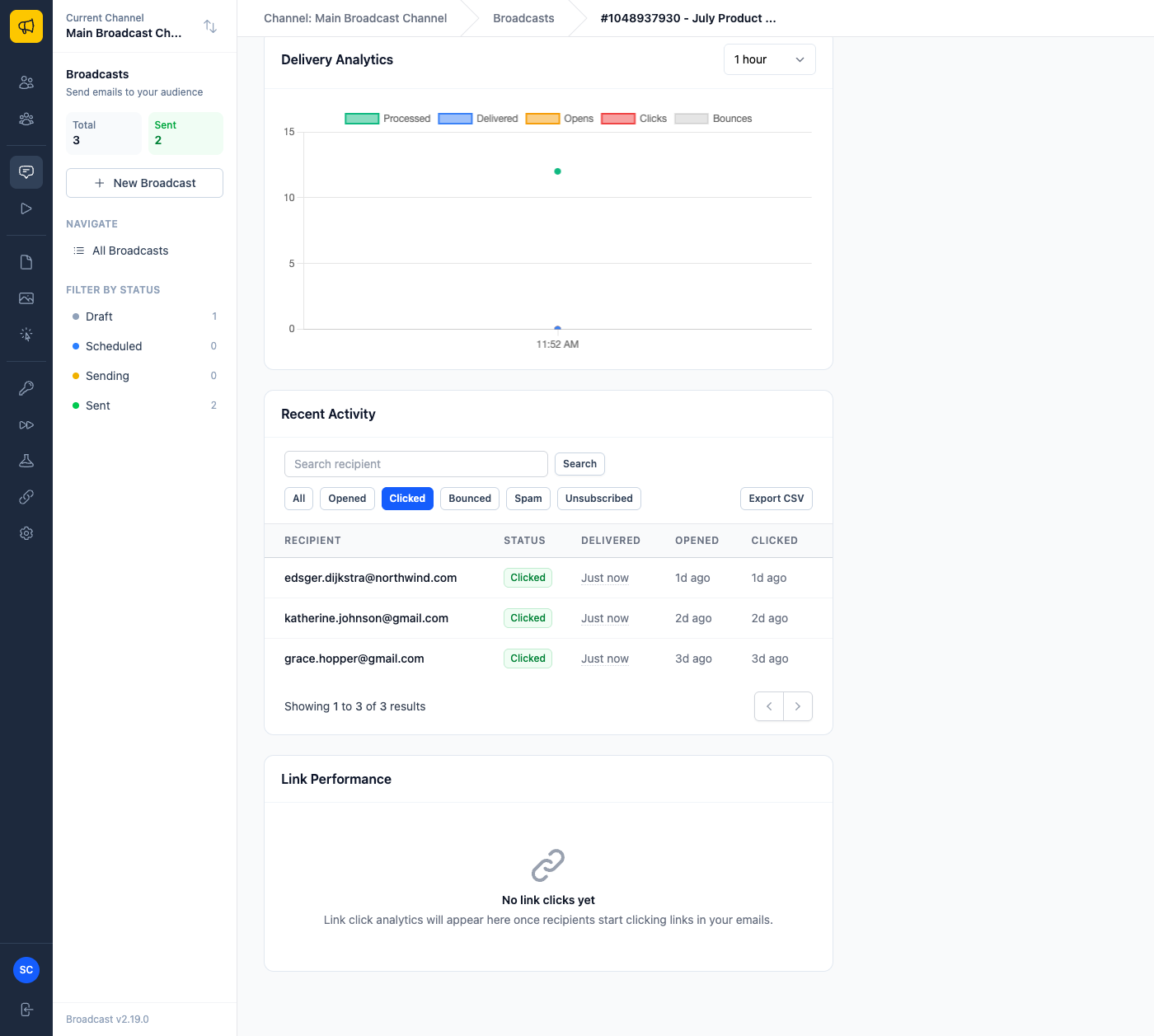 A broadcast Recent Activity table with one row per recipient, event columns, and a filter applied to clicked recipients