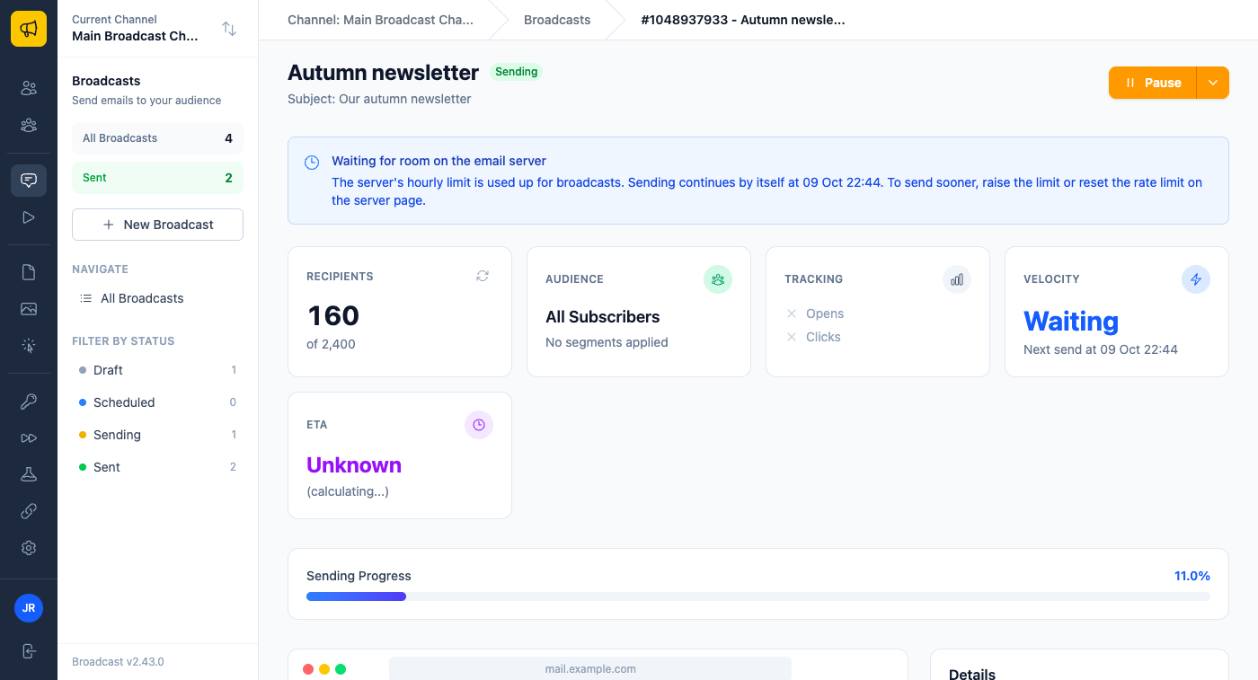 A Broadcast page for a newsletter that is sending. A blue notice says it is waiting for room on the email server and that sending continues by itself at a set time. The Velocity card says Waiting, with the time of the next send.