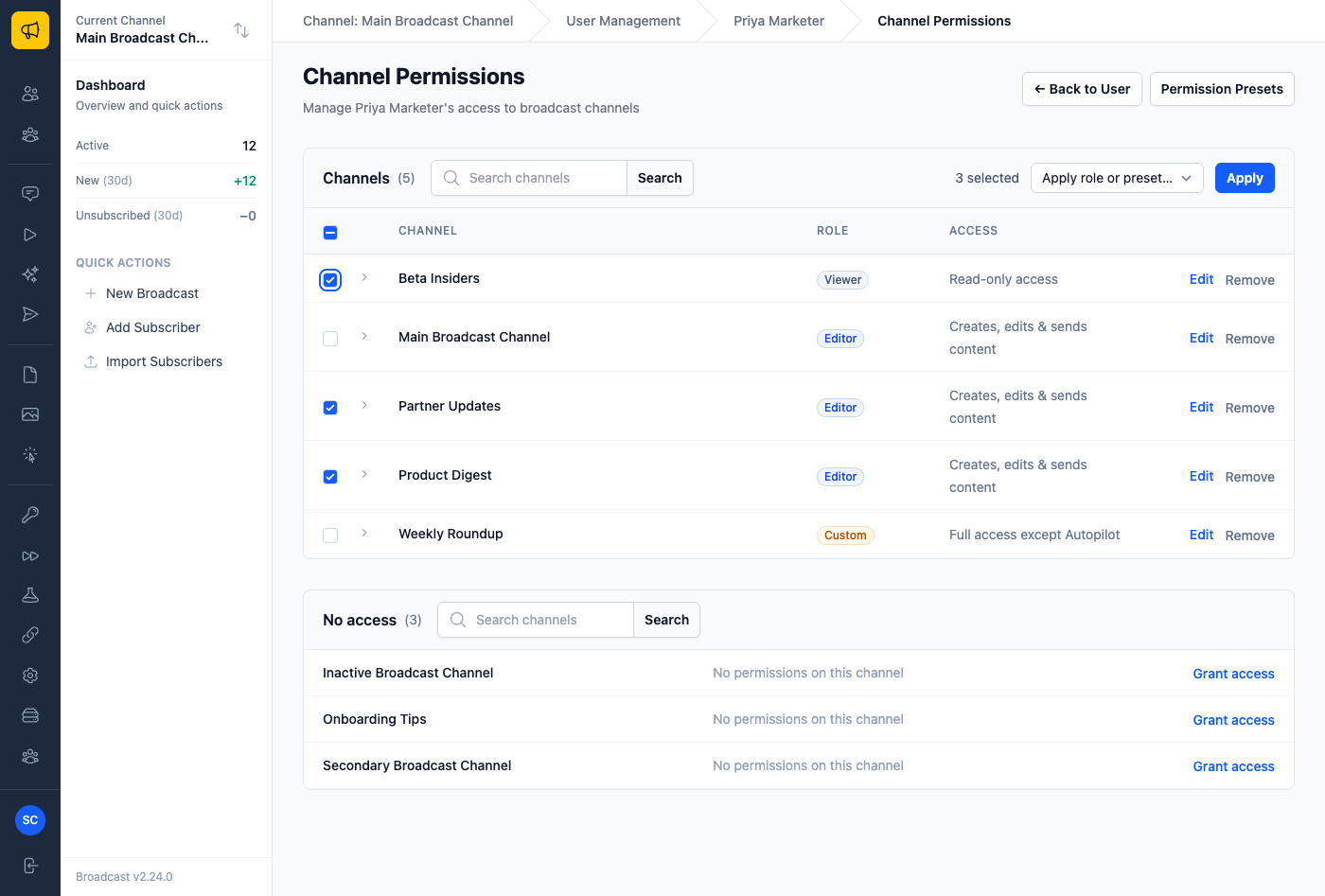 Three channels selected on the Channel Permissions page, with the bulk apply bar showing a role and preset picker and an Apply button