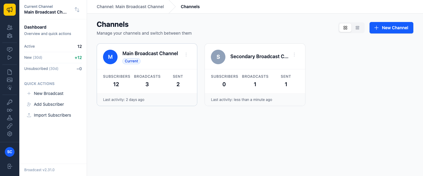 The Channels page listing several channels, with the current one marked