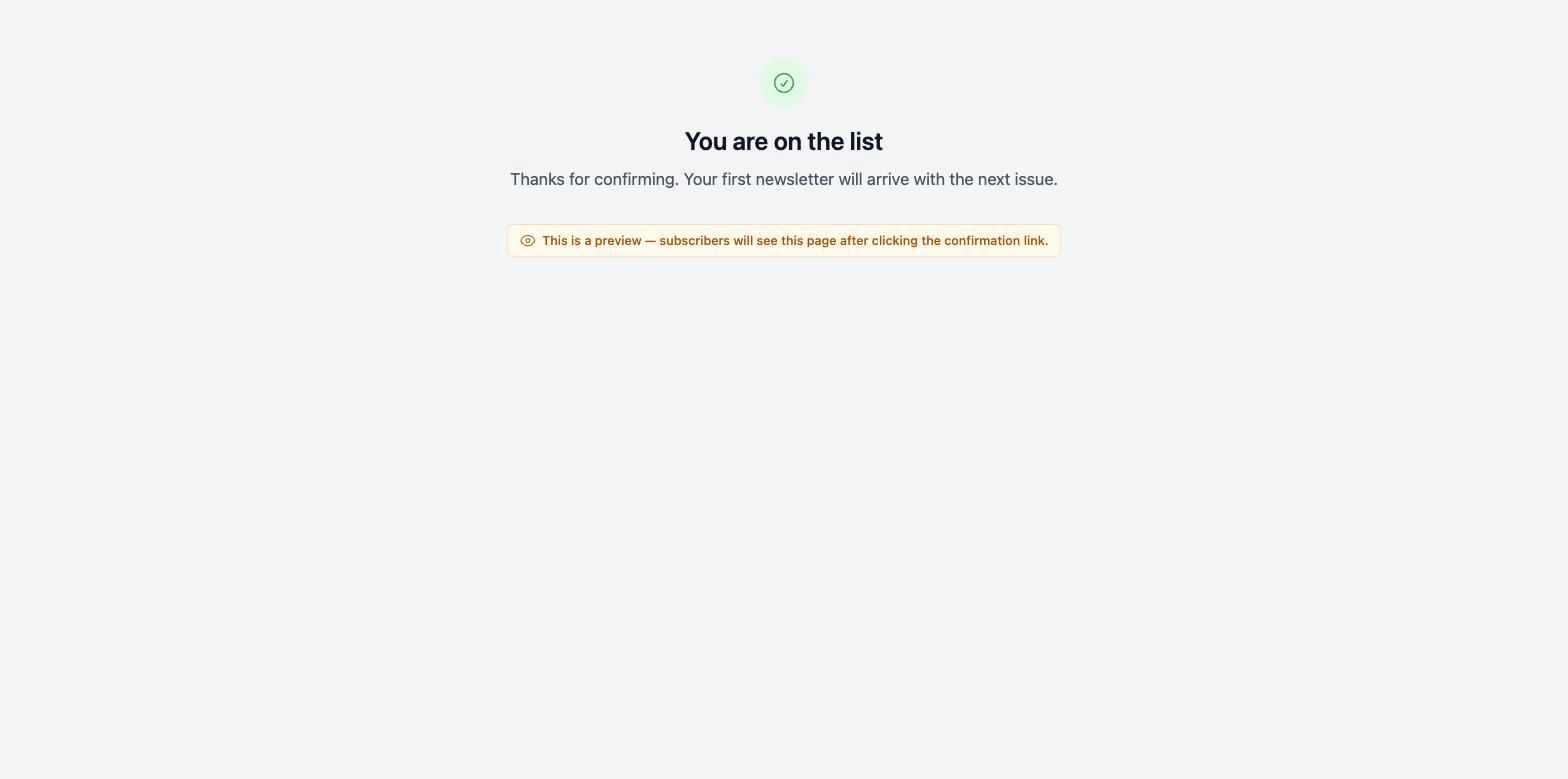 A preview of the confirmation page as a subscriber sees it, with the custom heading and body text