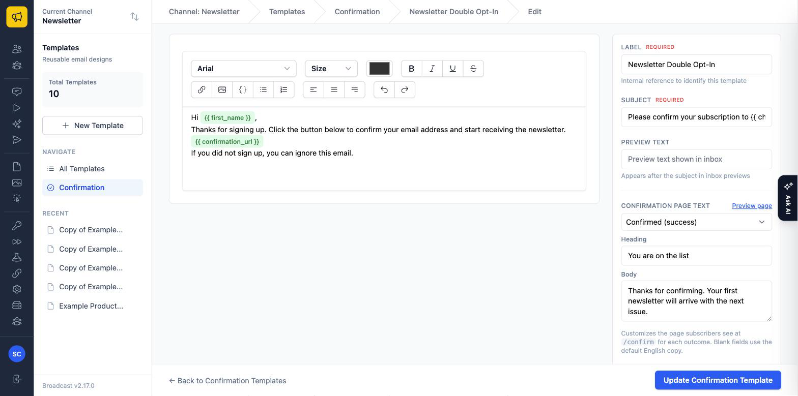 A confirmation template editor with the email body on the left and a sidebar containing a Confirmation page text state selector set to Confirmed (success), with heading and body fields