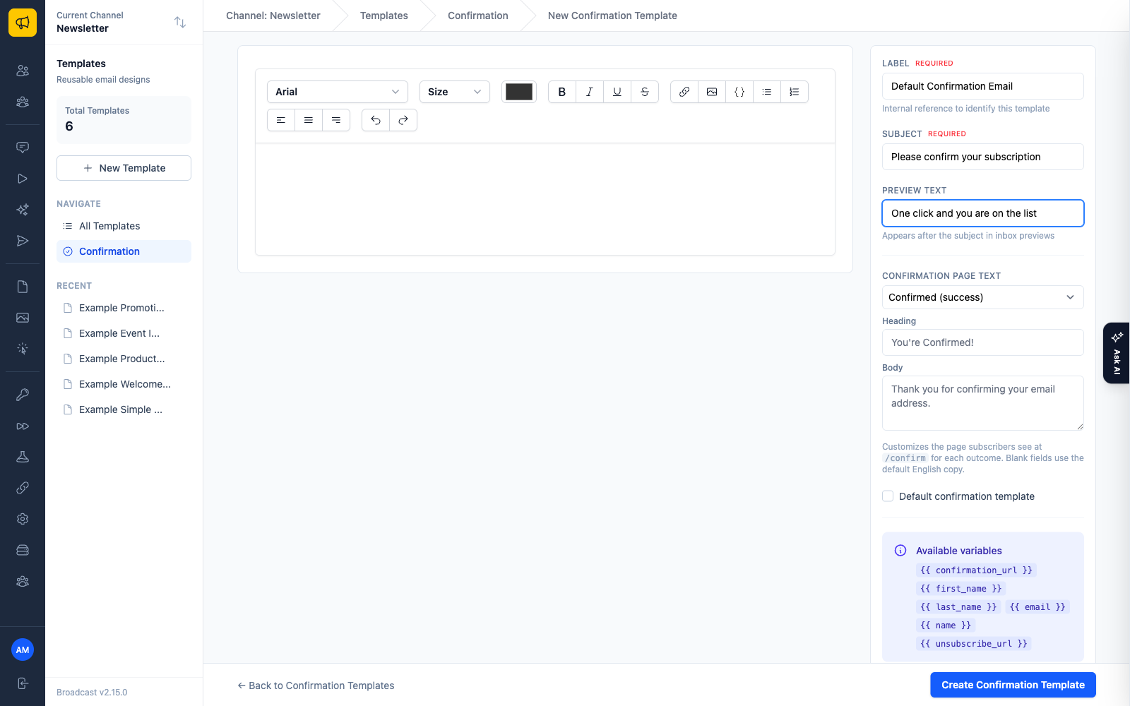 The confirmation template editor with a state selector for the confirmation page, per-state heading and body fields, and available Liquid variables