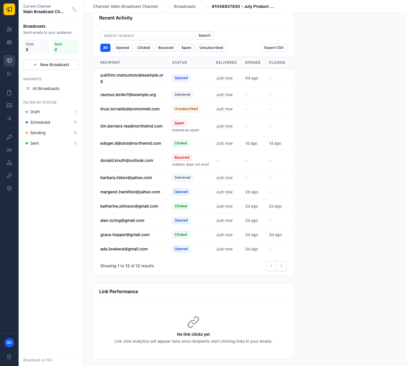 A broadcast's Recent Activity panel with search, event filters and an Export CSV action above the recipient table