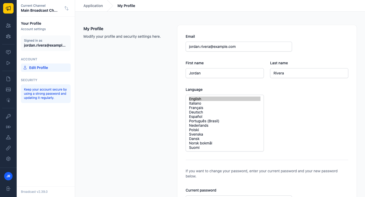 My Profile with the Language field opened, listing English, Italiano, Français, Deutsch, Español, Português (Brasil), Nederlands, Polski, Svenska, Dansk, Norsk bokmål and Suomi