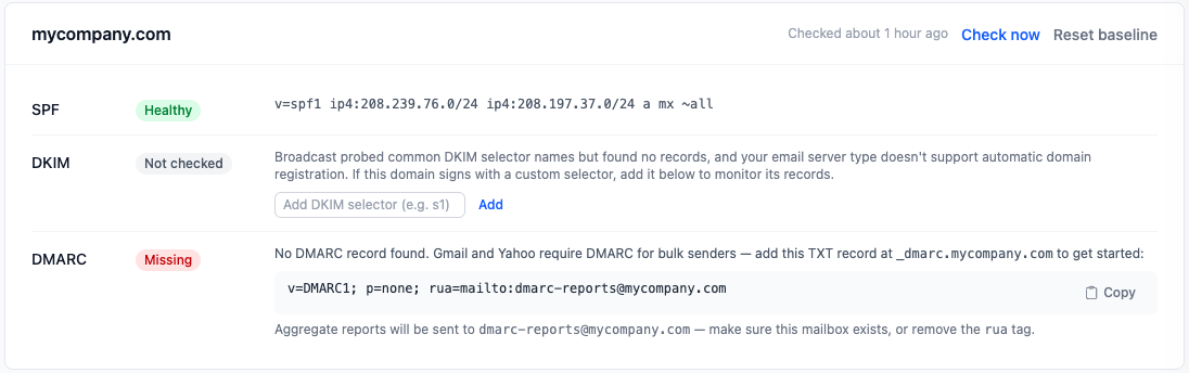 A Domain DNS Health card for a domain showing SPF healthy with the record contents, DKIM not checked with a field to add a selector, and DMARC missing with a ready-to-copy starter record