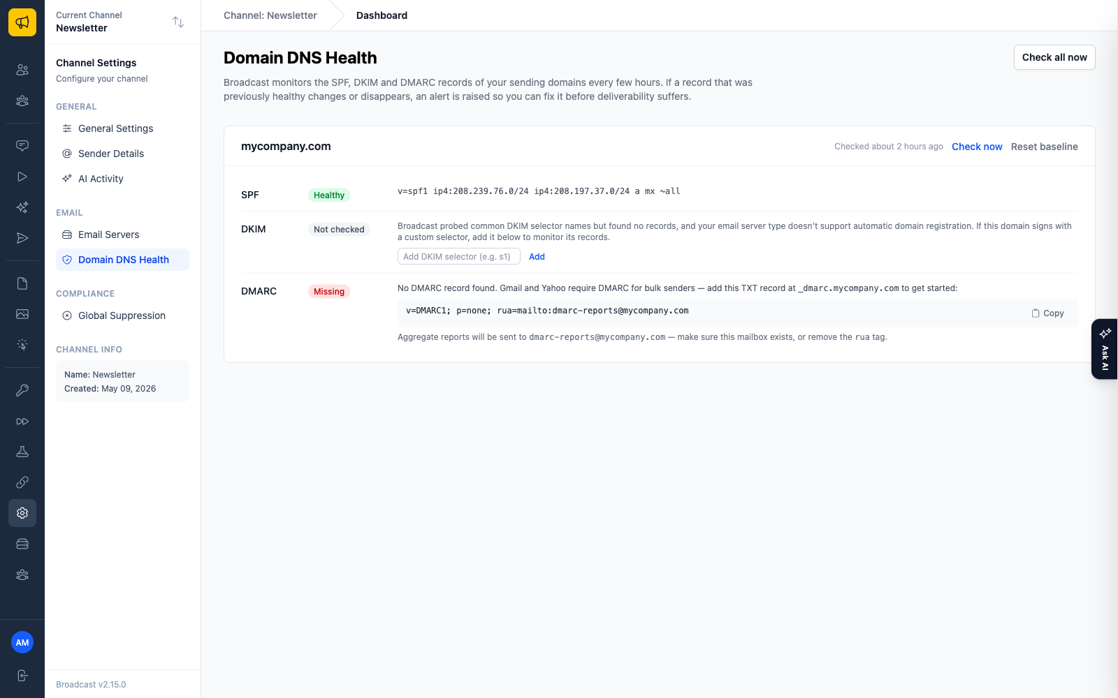 The Domain DNS Health page showing a healthy SPF badge, a DKIM selector input, and a missing DMARC record with a ready-to-copy starter record