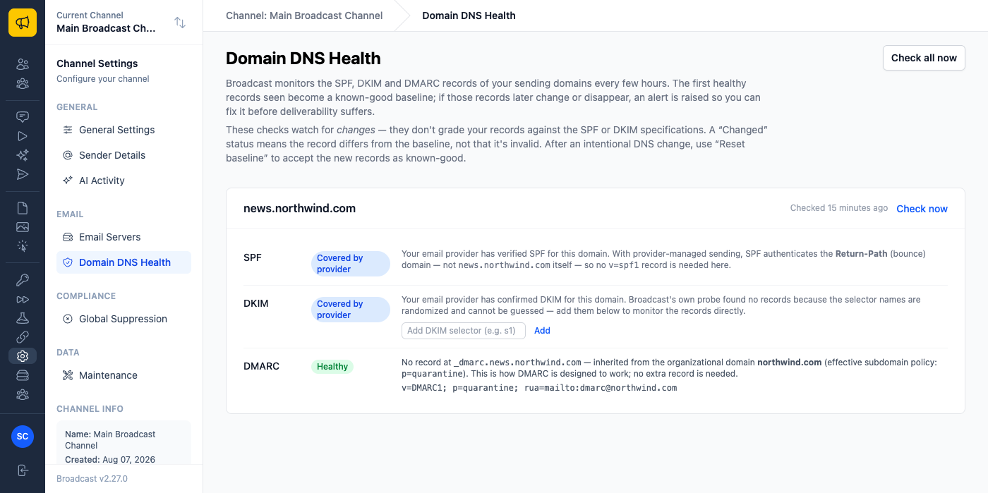 A Domain DNS Health card for news.northwind.com showing SPF and DKIM as Covered by provider with explanations, and DMARC as Healthy, inherited from the organizational domain northwind.com with an effective subdomain policy of p=quarantine
