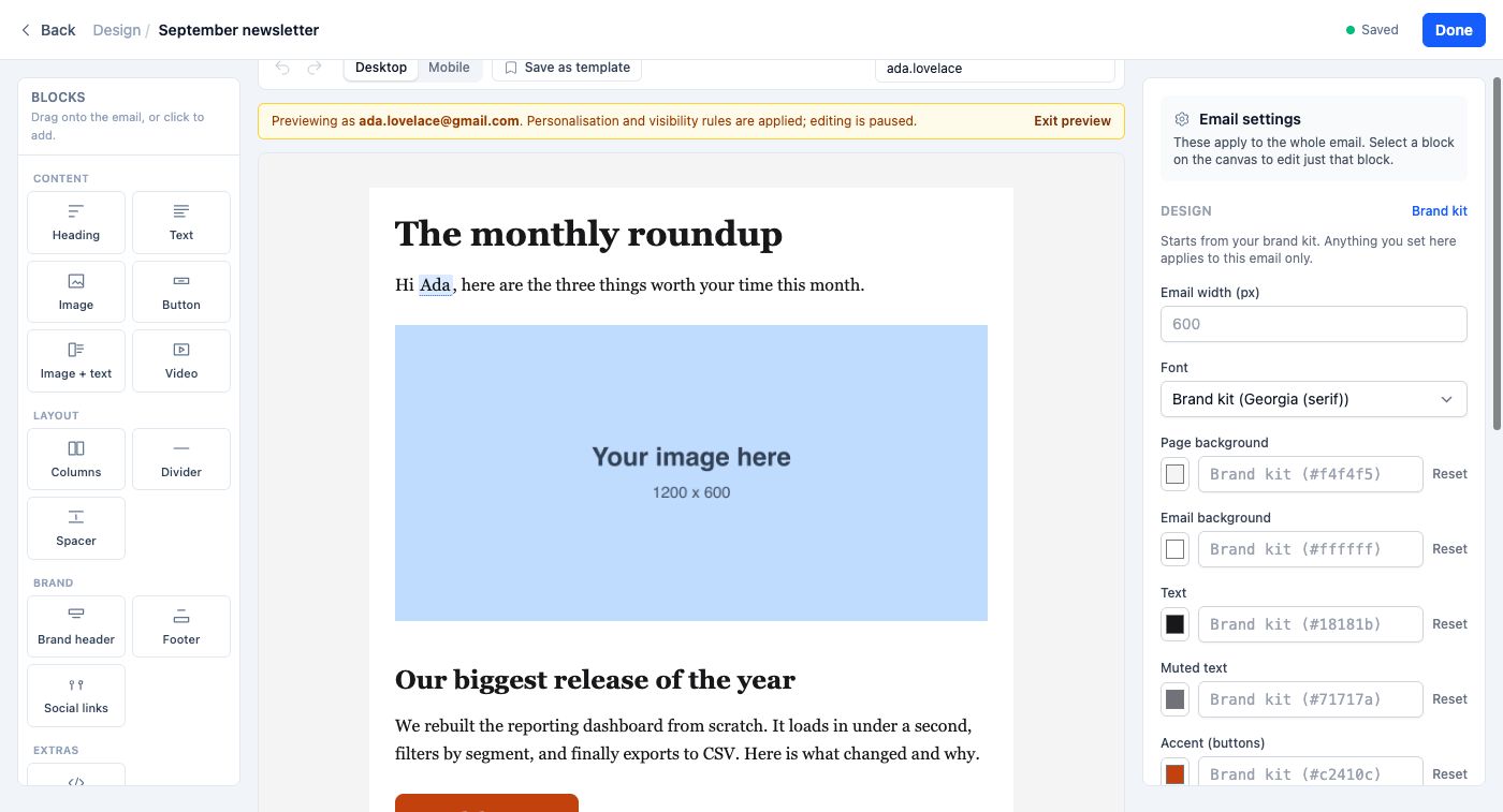 The editor previewing as ada.lovelace@gmail.com, with a yellow banner saying personalisation and visibility rules are applied, and the email greeting reading Hi Ada