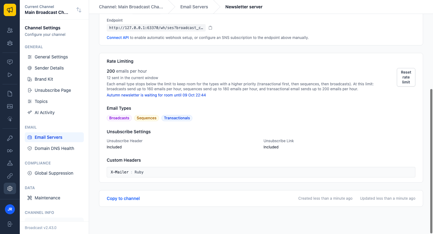 The Rate Limiting section of an email server page in Broadcast: 200 emails per hour, and a note that at this limit broadcasts send up to 160 emails per hour, sequences up to 180 and transactional email up to 200. Below it, a broadcast named Autumn newsletter is listed as waiting for room.
