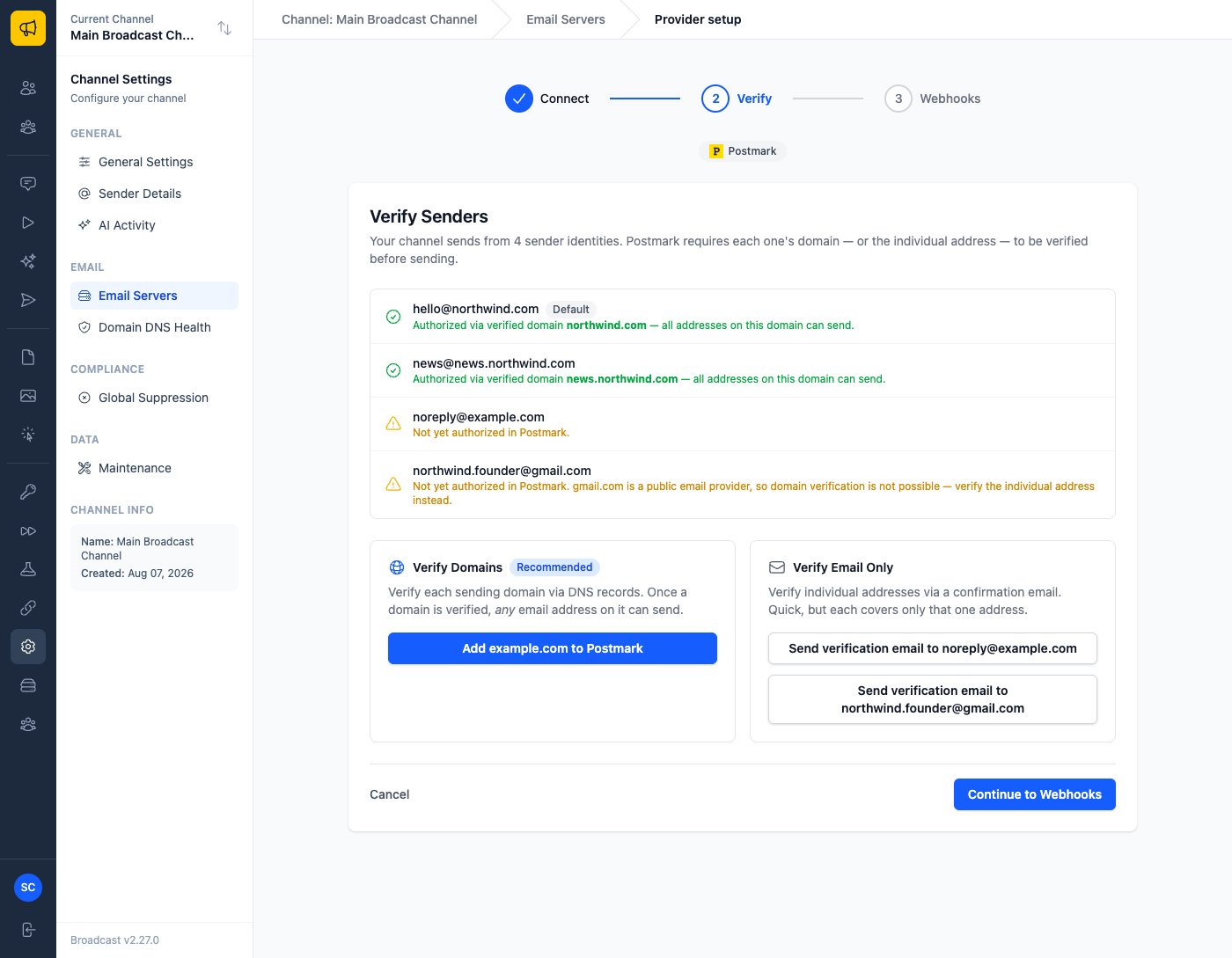 The Verify Senders step of the ESP setup wizard, listing four sender identities with individual status rows: two authorized via verified domains, one not yet authorized, and one on gmail.com explained as a public provider that cannot be domain-verified