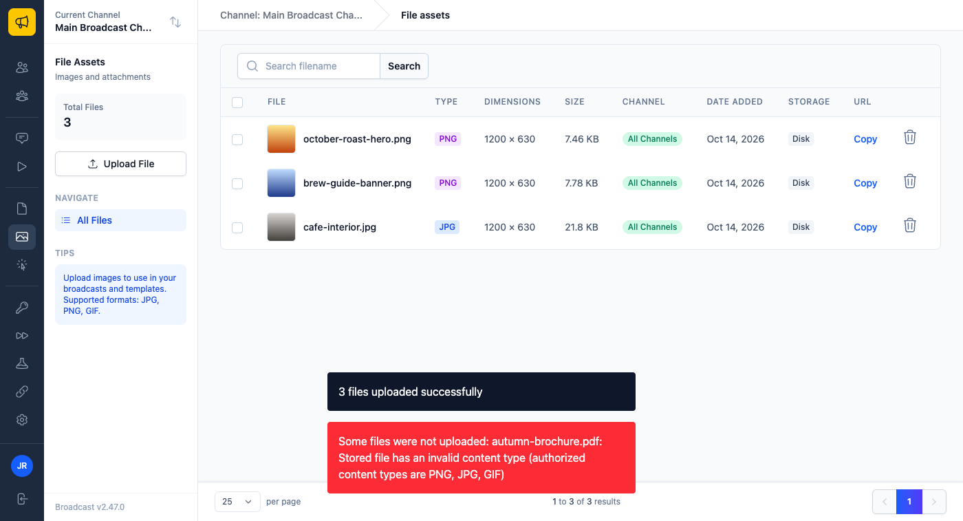 The File Assets page with three newly uploaded images, a dark notice saying 3 files uploaded successfully, and a red notice saying autumn-brochure.pdf was not uploaded because its content type is not PNG, JPG or GIF