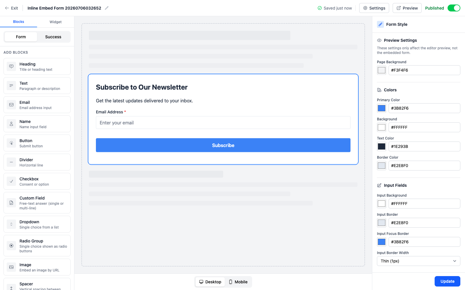 The opt-in form editor with a block palette including Custom Field, Dropdown, Radio Group, Image, and Spacer blocks next to a live form preview