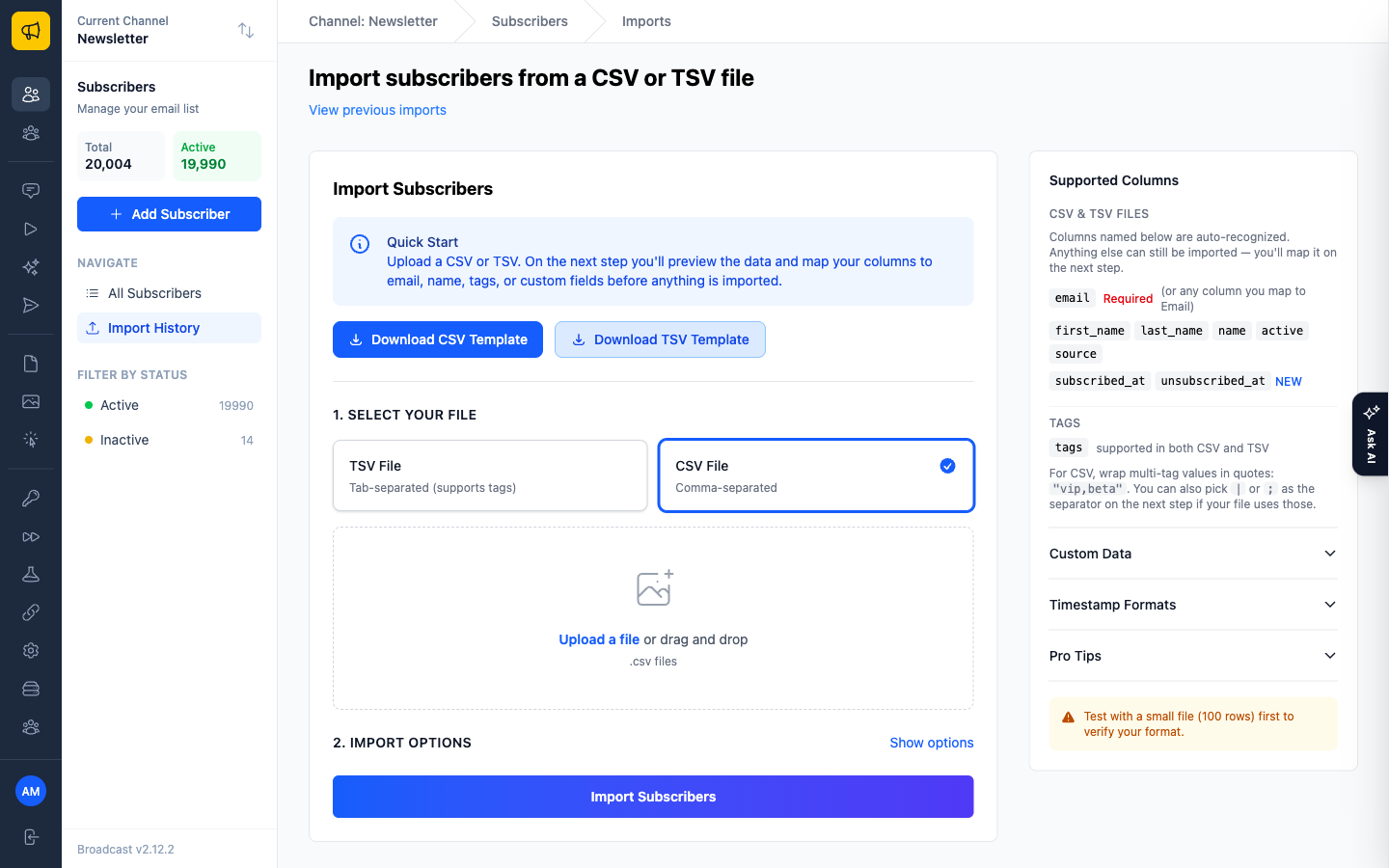 The import subscribers page with CSV and TSV file type options, a drag-and-drop upload area, downloadable templates, and a sidebar listing supported columns