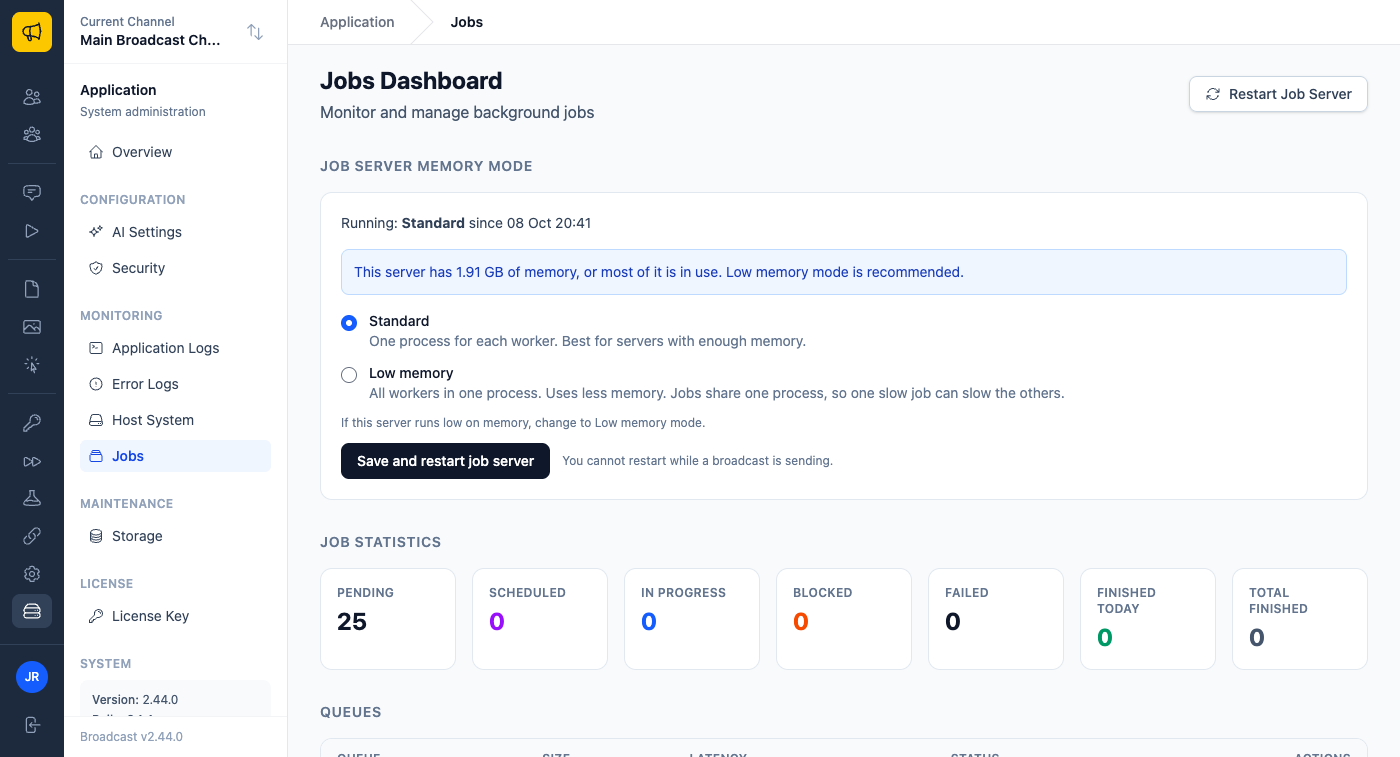 The Jobs page with the Job server memory mode panel: Running Standard, a blue note that says this server has 1.91 GB of memory and Low memory mode is recommended, the Standard and Low memory choices, and a Save and restart job server button