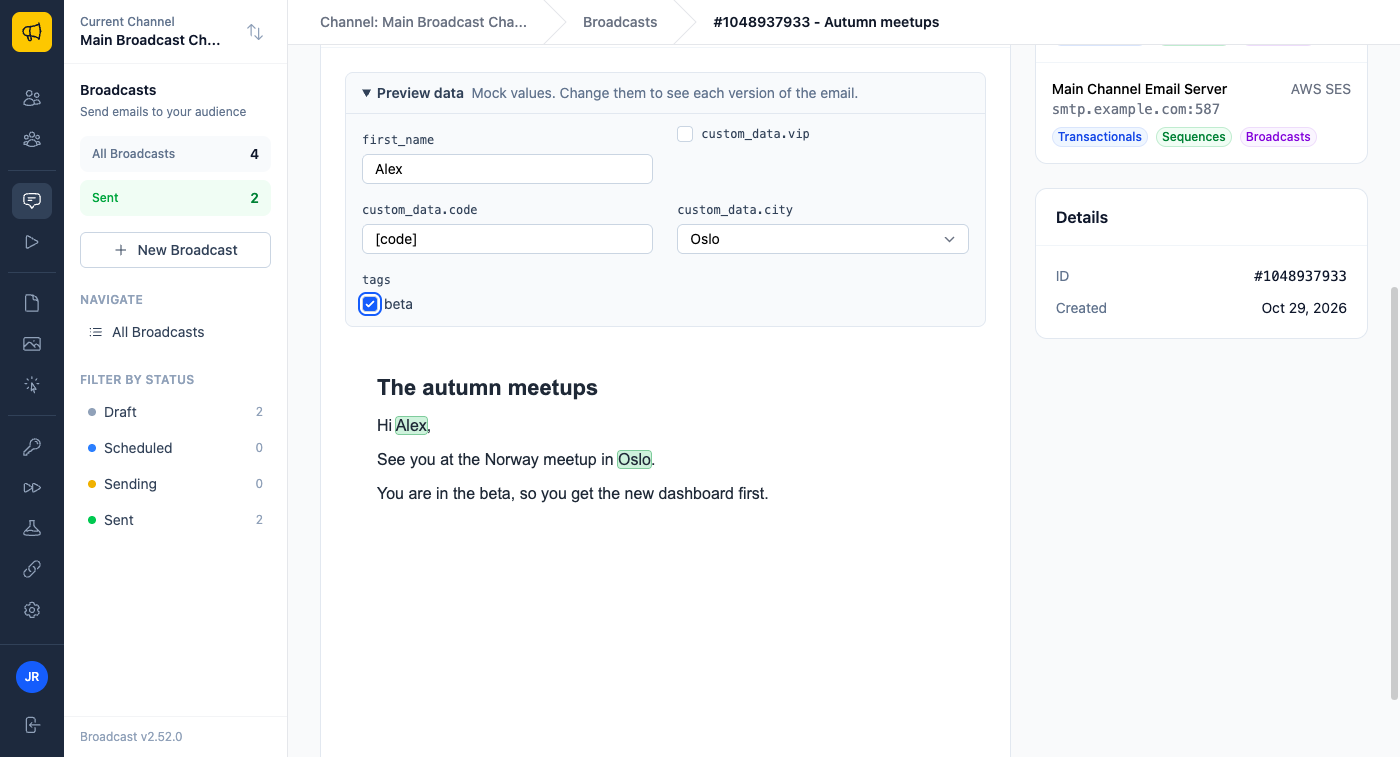 The same Preview data panel with custom_data.city set to Oslo and the beta tag ticked. The email now reads See you at the Norway meetup in Oslo, and You are in the beta, so you get the new dashboard first, with Oslo highlighted