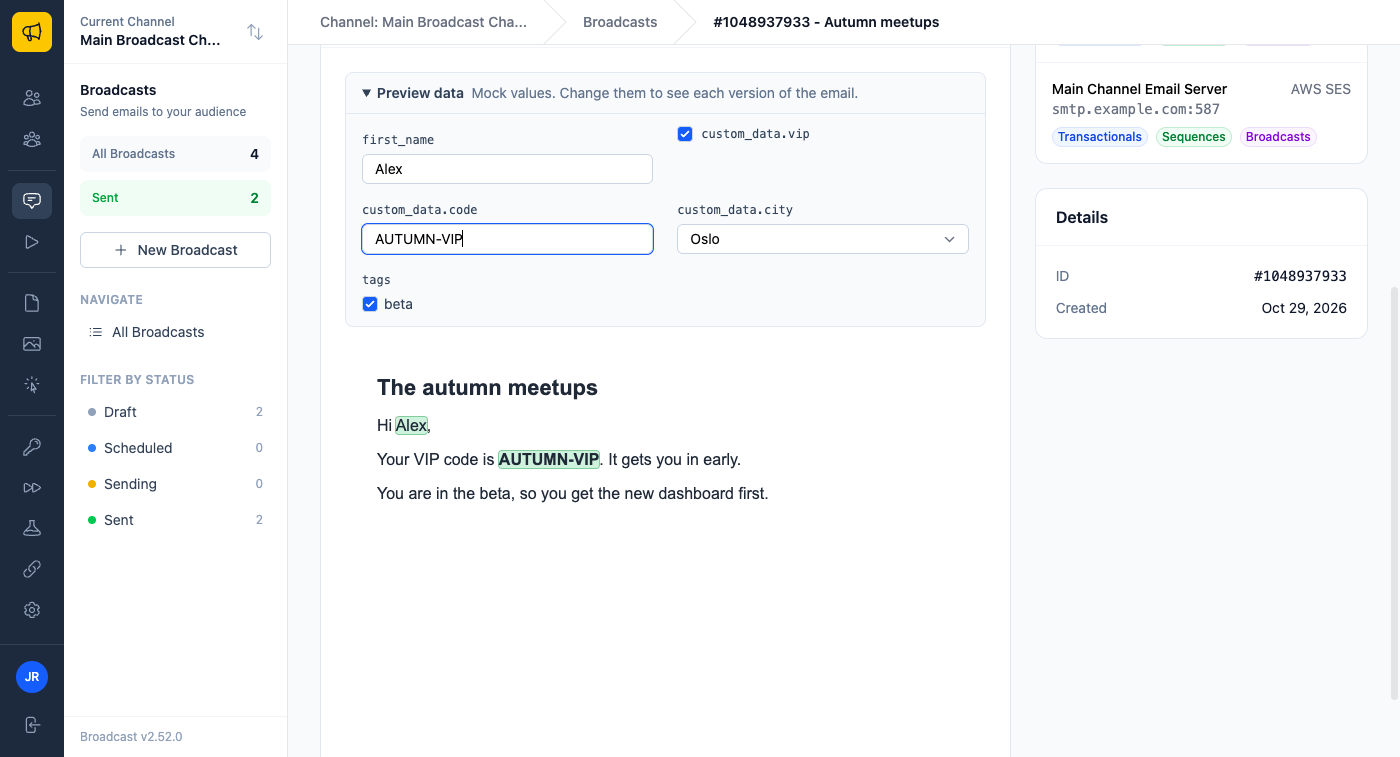 The Preview data panel with custom_data.vip switched on and AUTUMN-VIP typed as custom_data.code. The email reads Your VIP code is AUTUMN-VIP. It gets you in early, with the bold code and the name Alex both highlighted