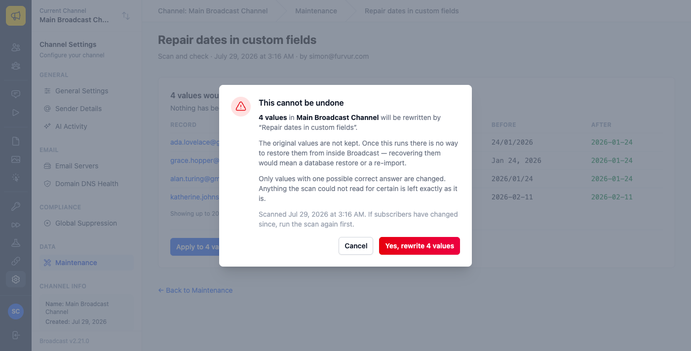 A confirmation dialog headed This cannot be undone, explaining that 4 values will be rewritten, that the original values are not kept, and offering Cancel or Yes rewrite 4 values