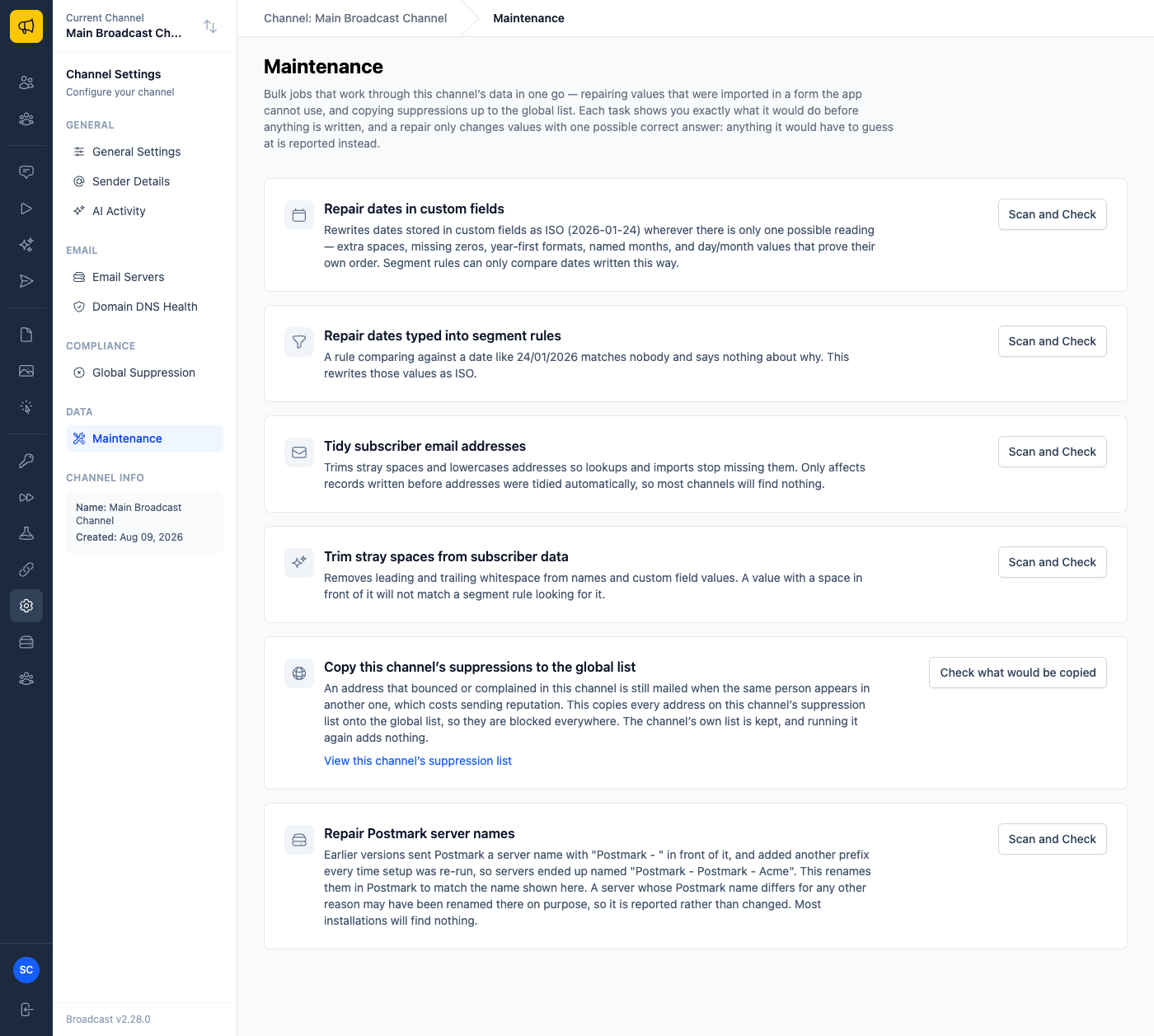 The Channel Maintenance page listing repair tasks, with Repair Postmark server names at the bottom explaining that earlier versions added a prefix on every setup run