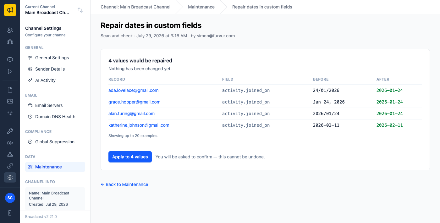 A scan report titled Repair dates in custom fields showing four subscribers, each with a link to the record, the field activity.joined_on, and before and after values converting 24/01/2026, Jan 24 2026, 2026/01/24 and a padded date into ISO format