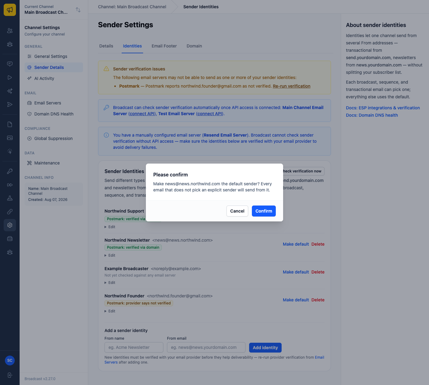 A confirmation dialog reading Make news@news.northwind.com the default sender? Every email that does not pick an explicit sender will send from it, with Cancel and Confirm buttons