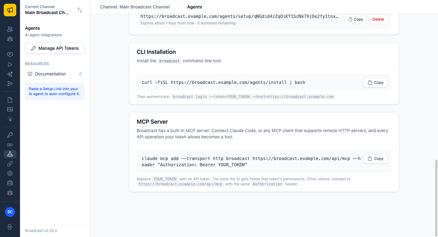 The MCP Server card on the Agents page, showing a claude mcp add command for https://broadcast.example.com/api/mcp with a copy button