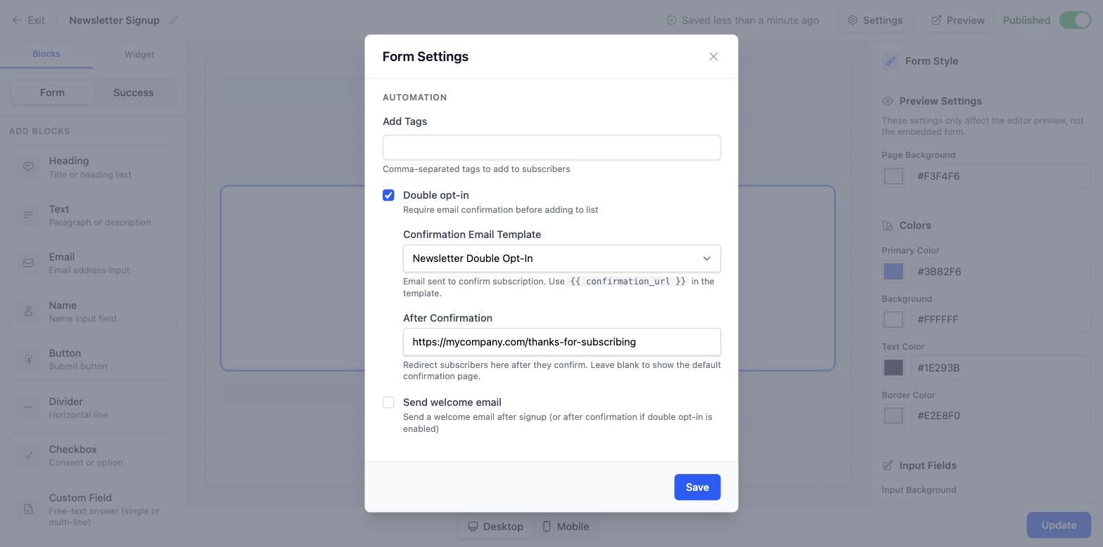 An opt-in form settings panel with an After Confirmation URL field for redirecting confirmed subscribers to your own page