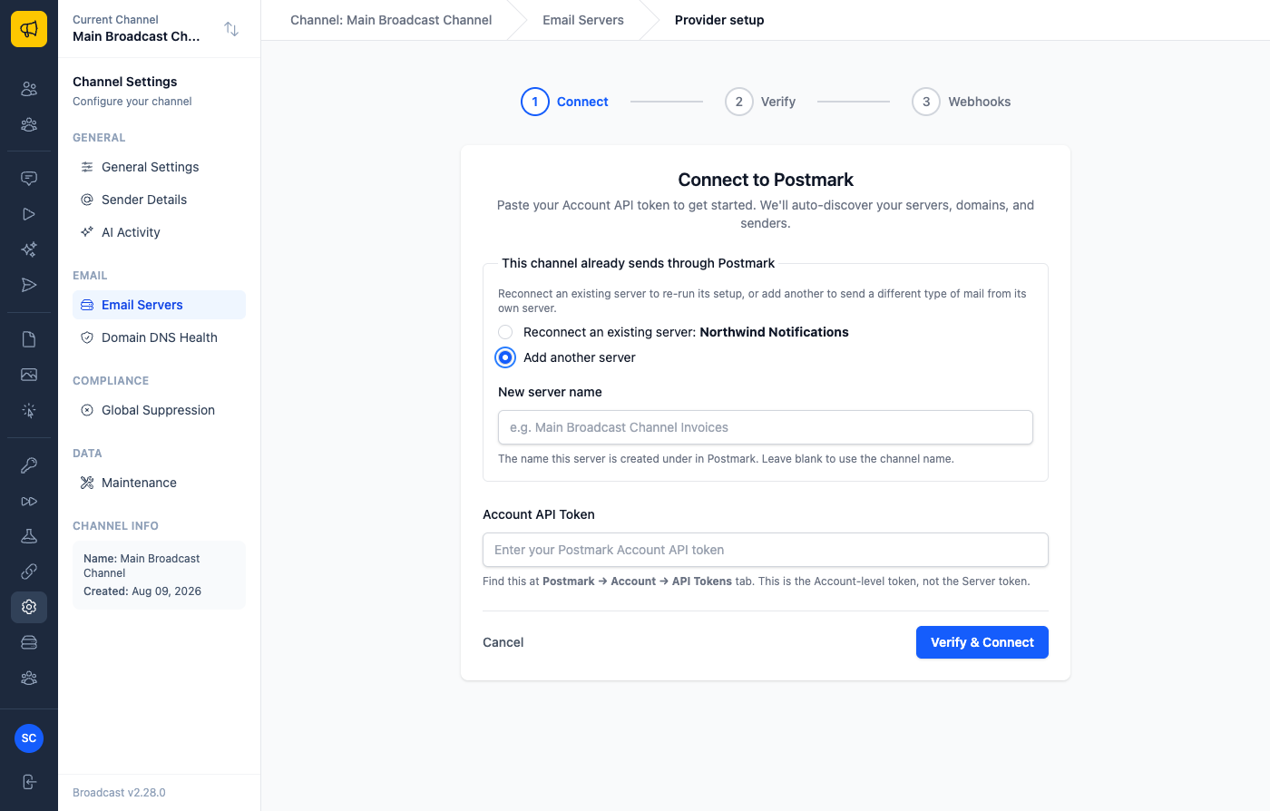 The Postmark guided setup asking whether to reconnect an existing server or add another, with Add another server selected and a New server name field showing a suggested name