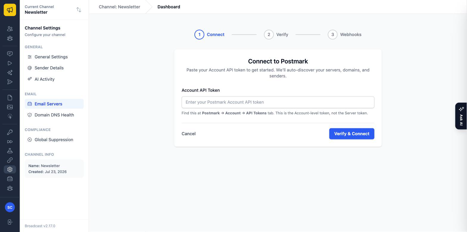 Step one of the Postmark setup wizard asking for an Account API token, with a note explaining it is the account-level token and where to find it