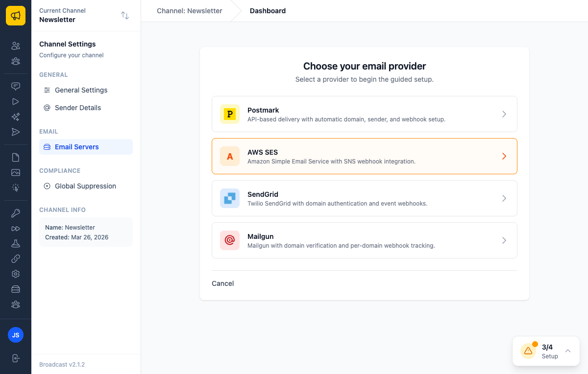 A Choose your email provider screen listing Postmark, AWS SES, SendGrid and Mailgun, each with a short description of what its guided setup covers