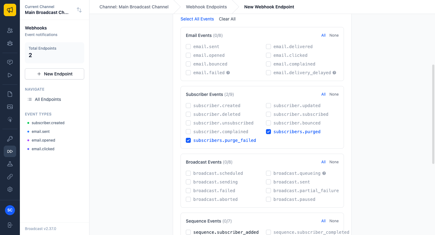 The webhook endpoint form with subscribers.purged and subscribers.purge_failed ticked under Subscriber Events