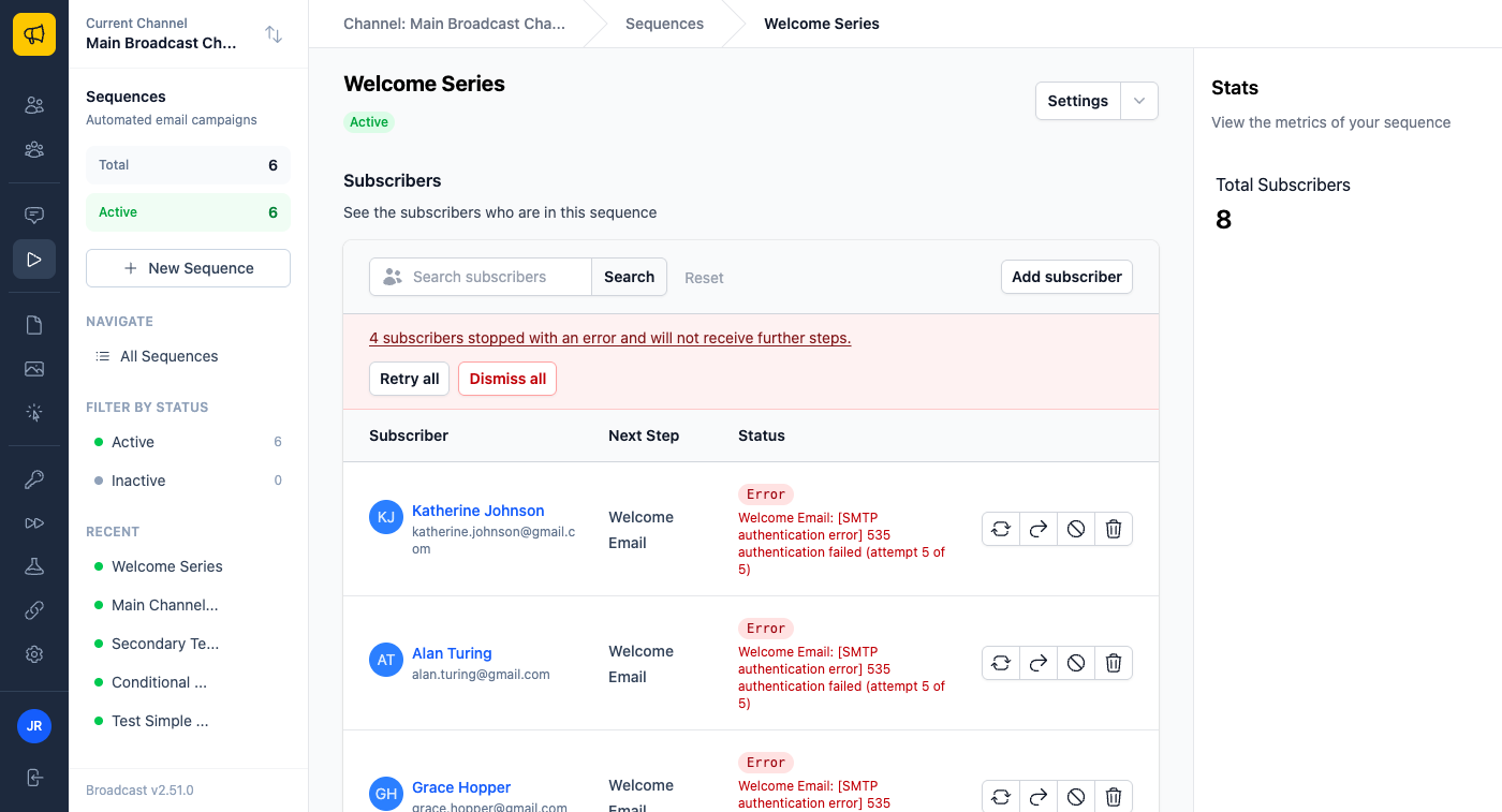 A sequence page with a red banner reading 4 subscribers stopped with an error, Retry all and Dismiss all buttons under it, and a list of errored subscribers each showing an SMTP authentication error and a row of action buttons