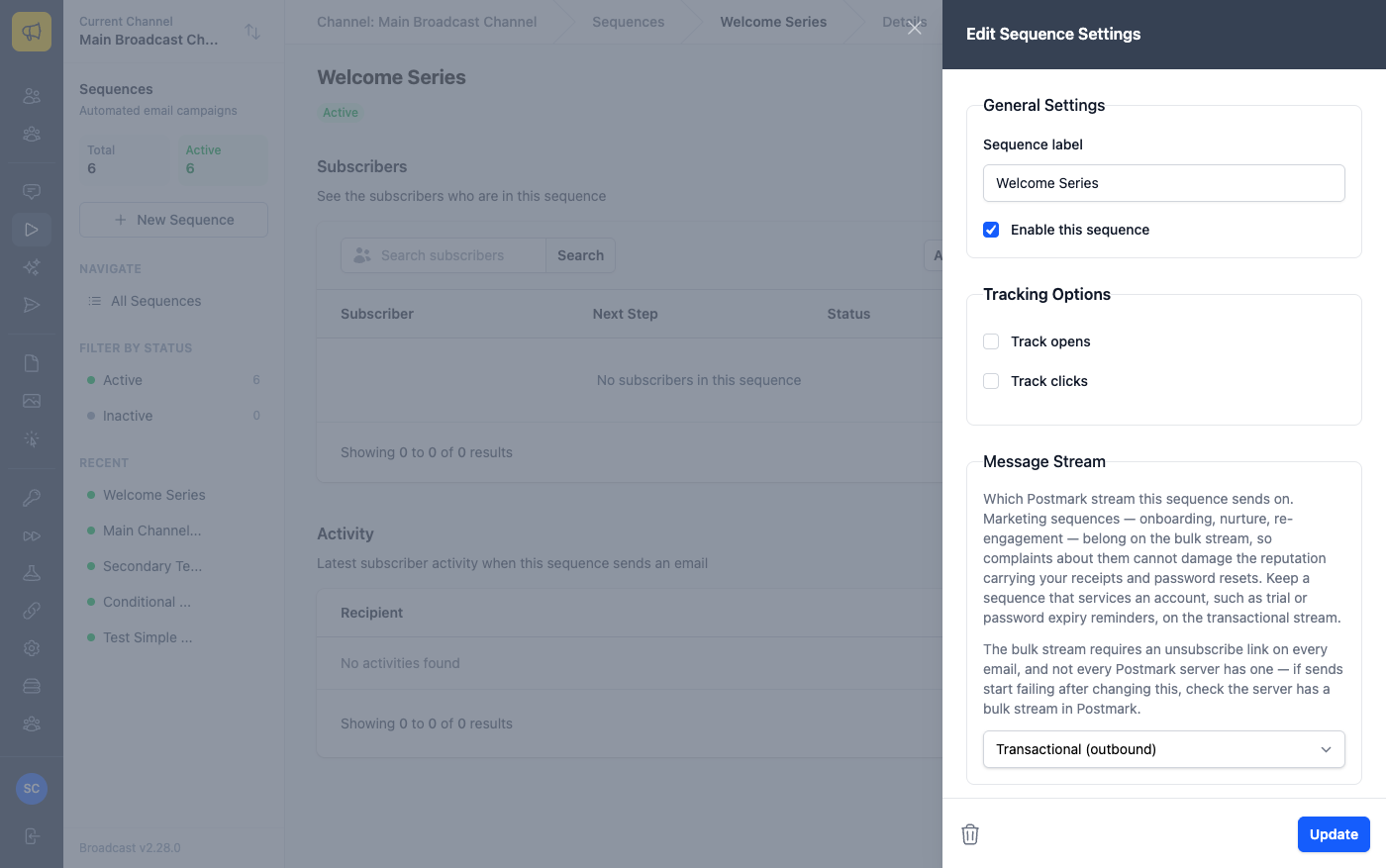 The sequence settings sidebar showing a Message Stream section explaining that marketing sequences belong on the bulk stream, with a dropdown currently set to Transactional (outbound)