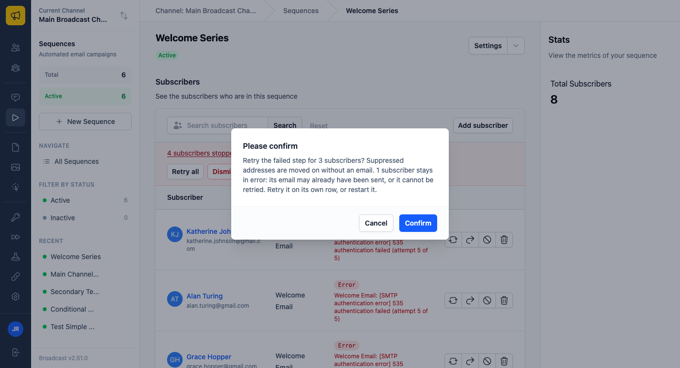 A confirm dialog over the errored list reading: Retry the failed step for 3 subscribers? One subscriber stays in error because its email may already have been sent, with Cancel and Confirm buttons