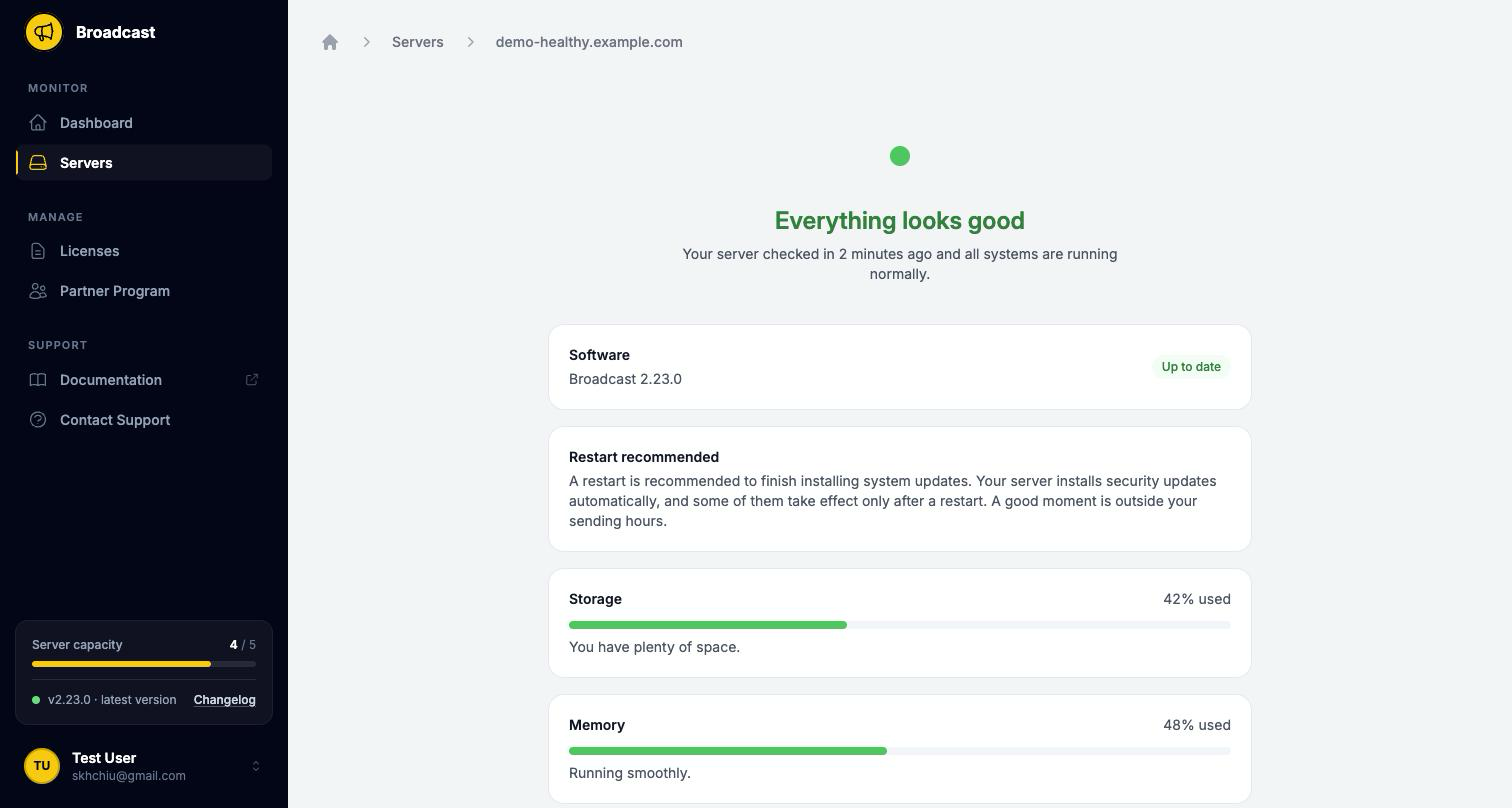 Server health page showing a green dot with the heading Everything looks good, the server checked in 2 minutes ago, software up to date at Broadcast 2.23.0, storage 42% used and memory 48% used