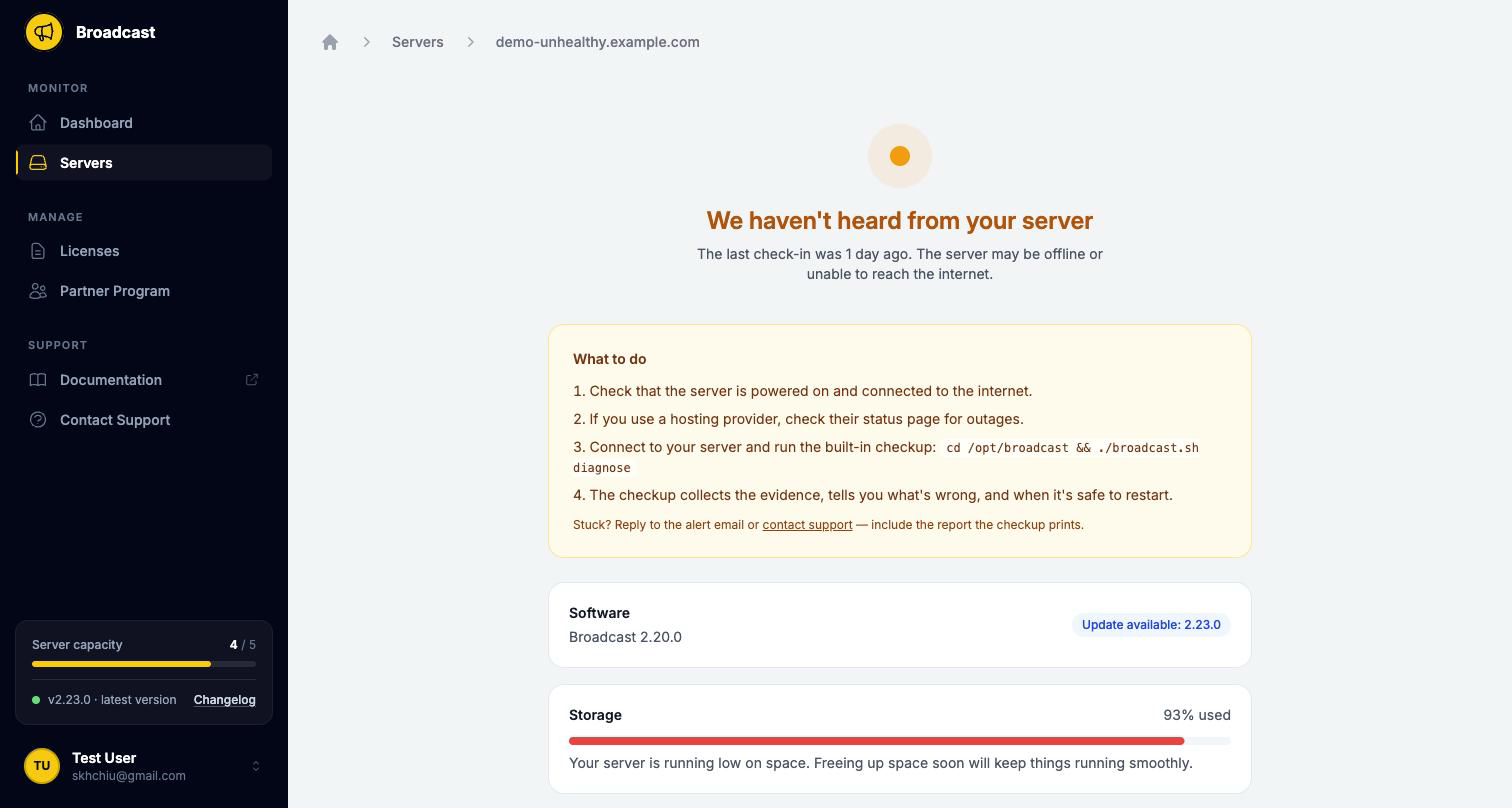 Server health page showing an amber dot with the heading We haven't heard from your server, the last check-in was 1 day ago, and a What to do panel listing four steps including running the built-in checkup