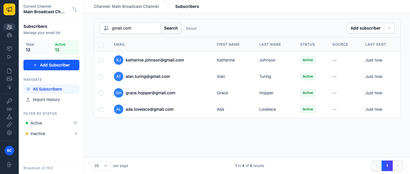 The subscribers list filtered by a search for gmail.com, showing every subscriber on that domain